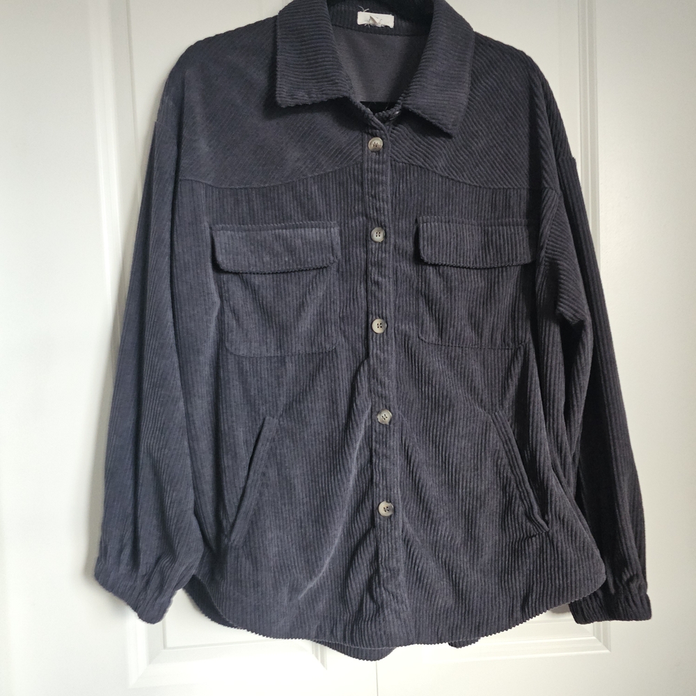 Women's Corduroy Button-Up Jacket Shirt Shacket Pockets Grey Sz M-L